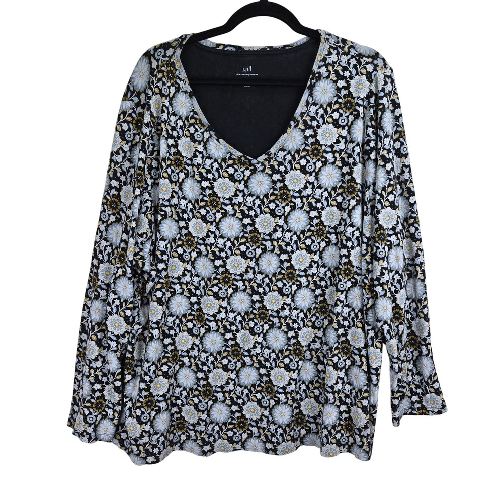 J Jill Pima Cotton Floral‎ Long Sleeve V Neck Top 4X Womens Cottagecore Bohemian